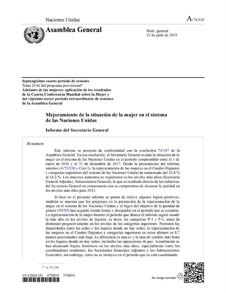 Status-of-women-2019-cover-es.jpg Mejoramiento de la situación de la mujer en el sistema de las Naciones Unidas: Informe del Secretario General (2019)