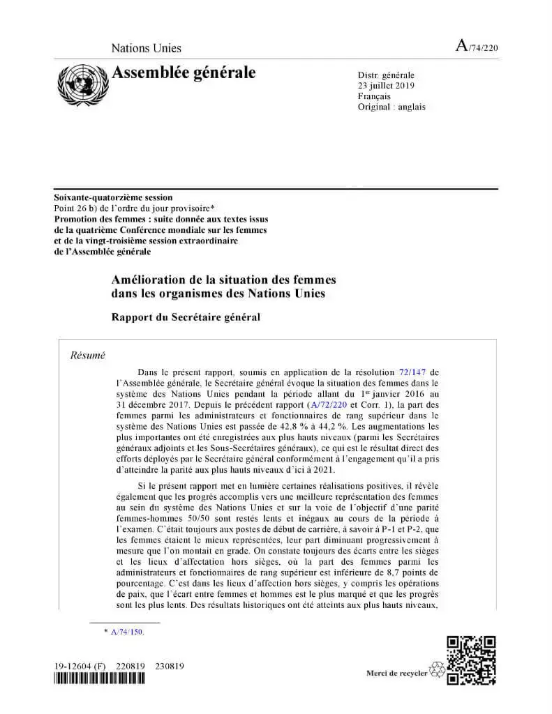 Status-of-women-2019-cover-fr.jpg Amélioration de la situation des femmes dans les organismes des Nations Unies : Rapport du Secrétaire général (2019)