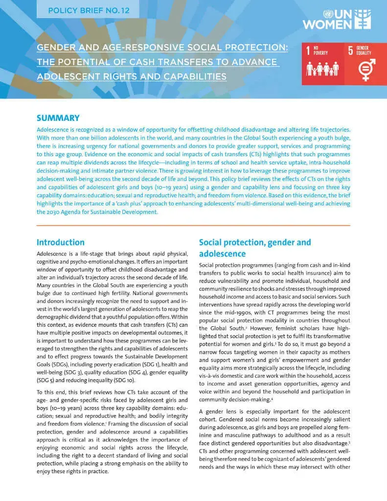 UN-Women-Policy-brief-12-Gender-and-age-responsive-social-protection-cover-en.jpg Gender and age-responsive social protection: The potential of cash transfers to advance adolescent rights and capabilities