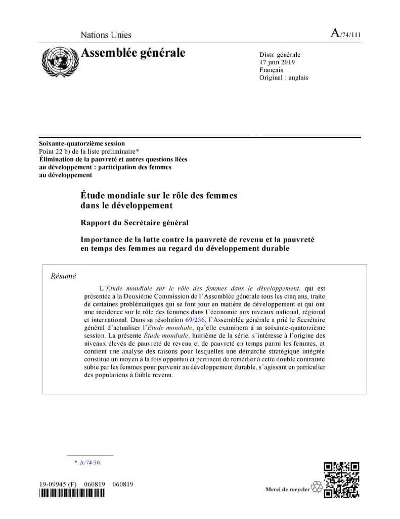 World-survey-2019-cover-fr.jpg Étude mondiale sur le rôle des femmes dans le développement : Rapport du Secrétaire général (2019) : Importance de la lutte contre la pauvreté de revenu et la pauvreté en temps des femmes au regard du développement durable