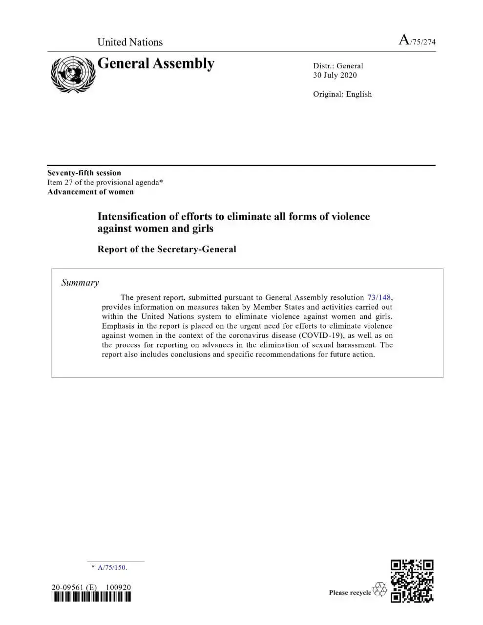 A_75_274_E.jpg Intensification of efforts to eliminate all forms of violence against women: Report of the Secretary-General