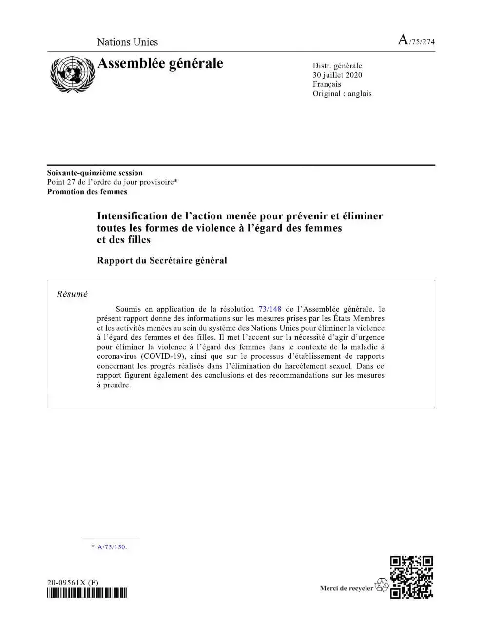 A_75_274_F.jpg Intensification de l’action menée pour prévenir et éliminer toutes les formes de violence à l’égard des femmes et des filles : Rapport du Secrétaire général