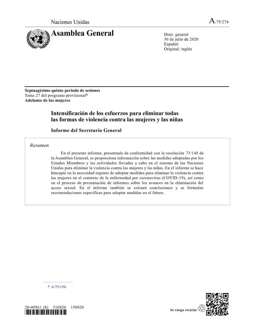 A_75_274_S.jpg Intensificación de los esfuerzos para eliminar todas las formas de violencia contra las mujeres y las niñas: Informe del Secretario General