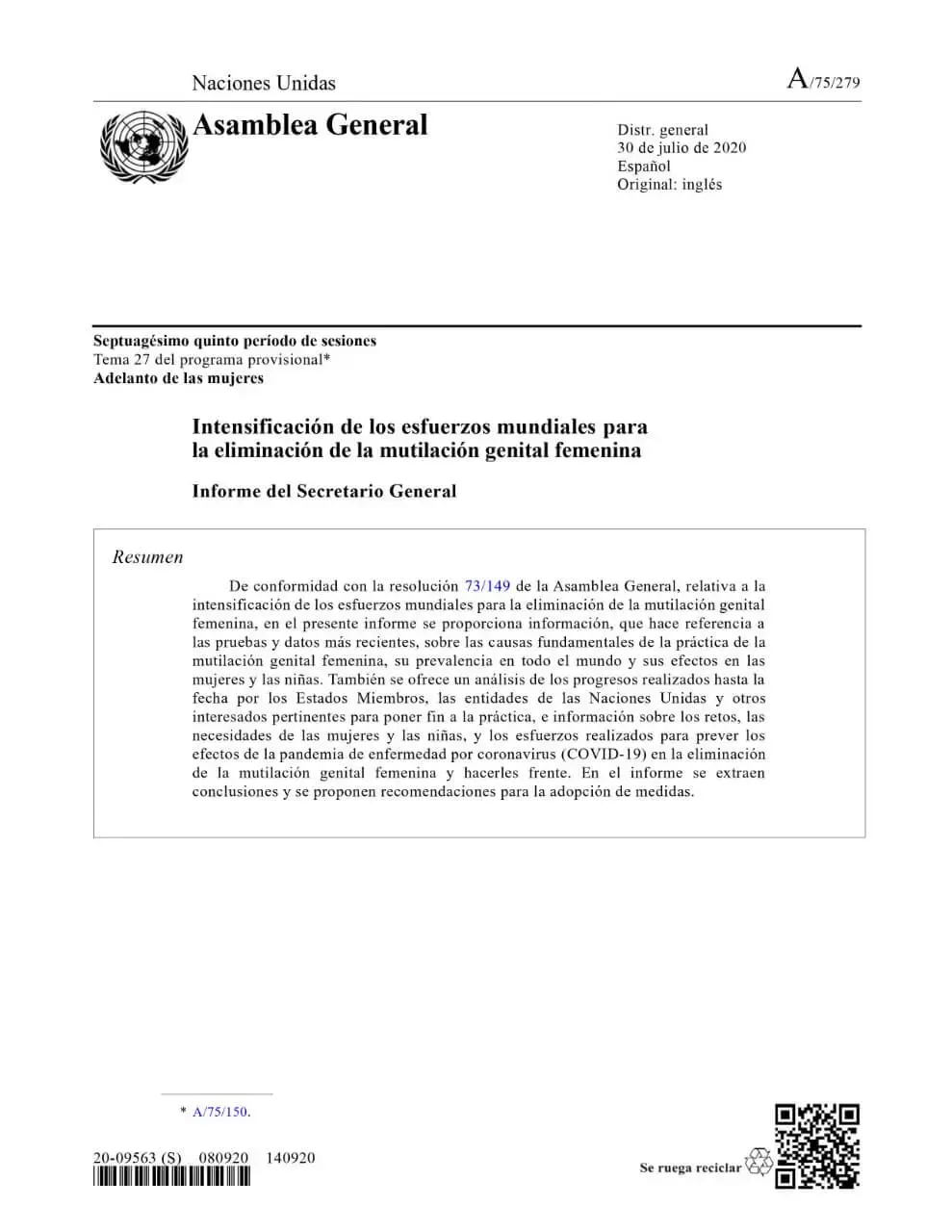 A_75_279_es.jpg Intensificación de los esfuerzos mundiales para la eliminación de la mutilación genital femenina: Informe del Secretario General (2020)