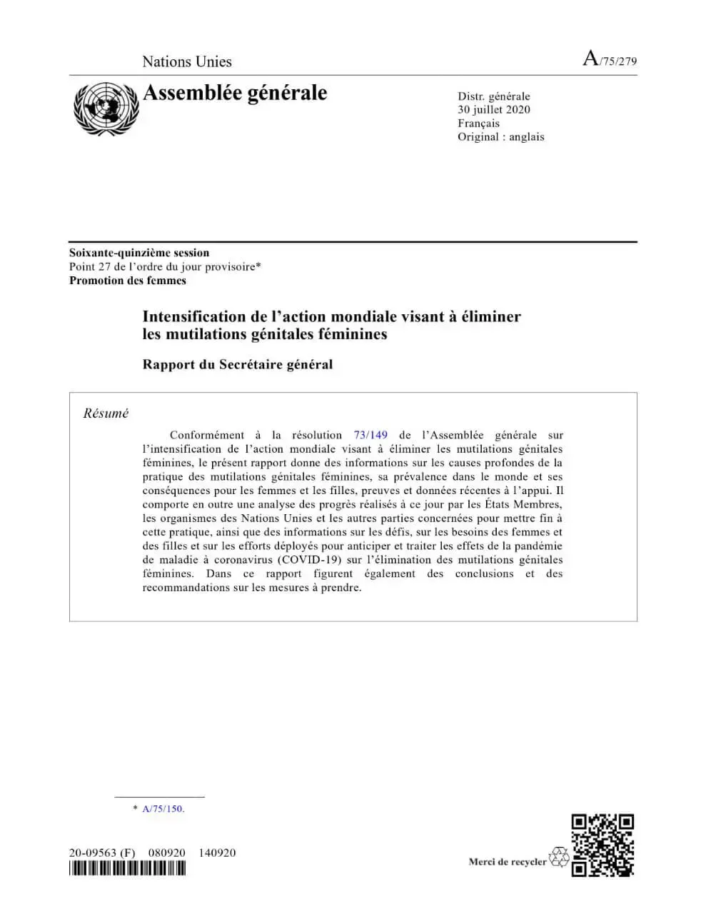 A_75_279_fr.jpg Intensification de l’action mondiale visant à éliminer les mutilations génitales féminines : Rapport du Secrétaire général (2020)