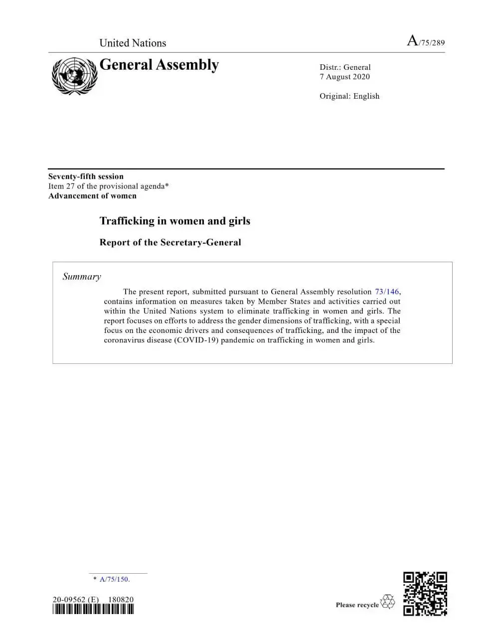 A_75_289_E.jpg Trafficking in women and girls: Report of the Secretary-General