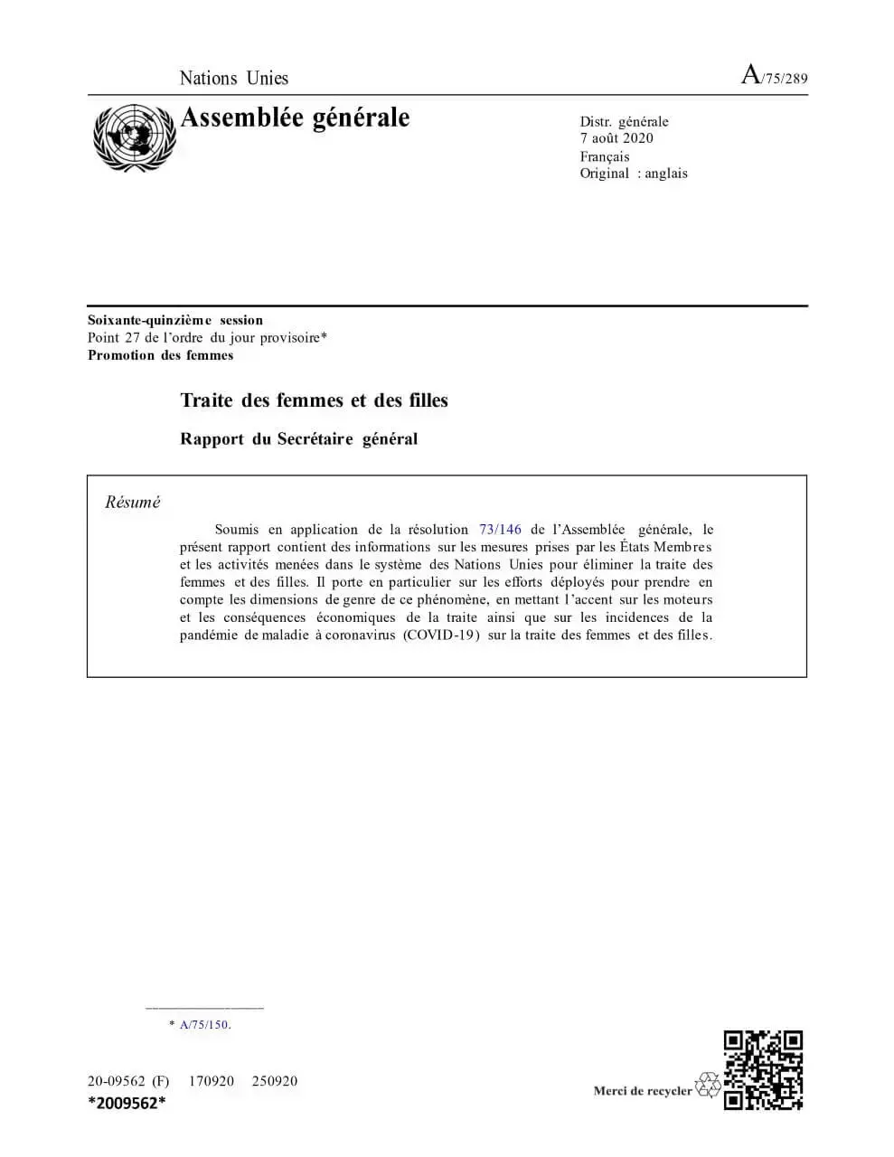 A_75_289_F.jpg Traite des femmes et des filles : Rapport du Secrétaire général