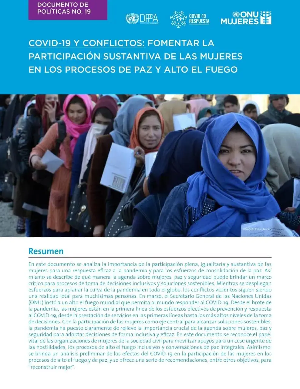 Policy-brief-COVID-19-and-conflict-es.jpg COVID-19 y conflictos: Fomentar la participación sustantiva de las mujeres en los procesos de paz y alto el fuego