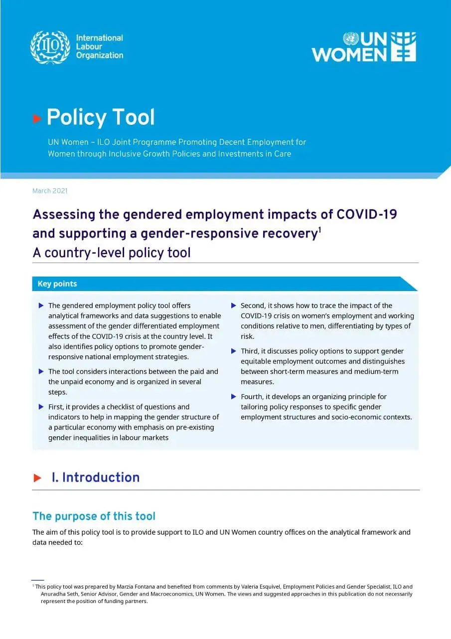 Policy-tool-Gendered-employment-impacts-of-COVID-19-en.jpg Assessing the gendered employment impacts of COVID-19 and supporting a gender-responsive recovery