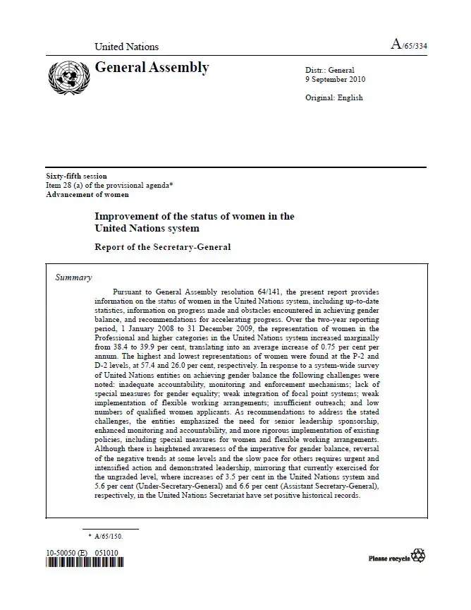 ImprovementStatusOfWomenInTheUNsystem2010-en jpg.jpg Improvement of the status of women in the United Nations system: Report of the Secretary-General (2010)
